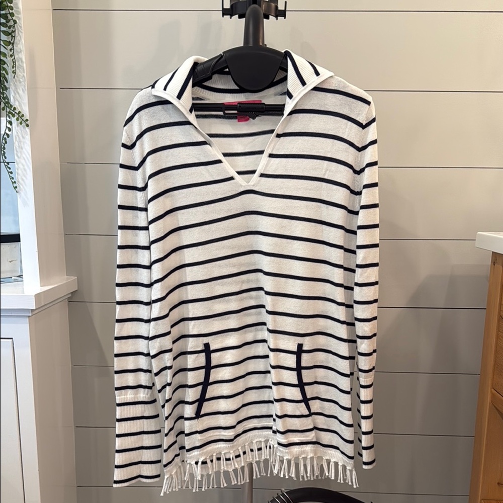 Lilly Pulitzer Black and White V-Neck Sweater with Fringe